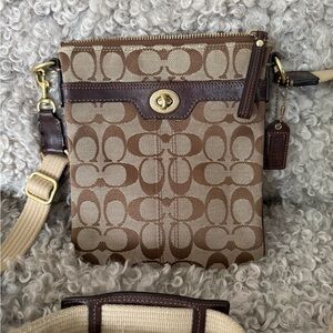 Coach Signature Crossbody Bag – Brown/Tan with Pink Interior